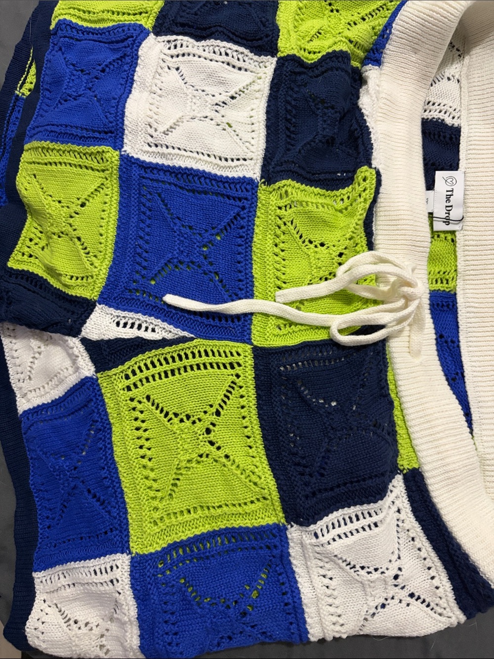 The Drop Women’s Crochet Zip-Up Shorts in Lime, Navy & White